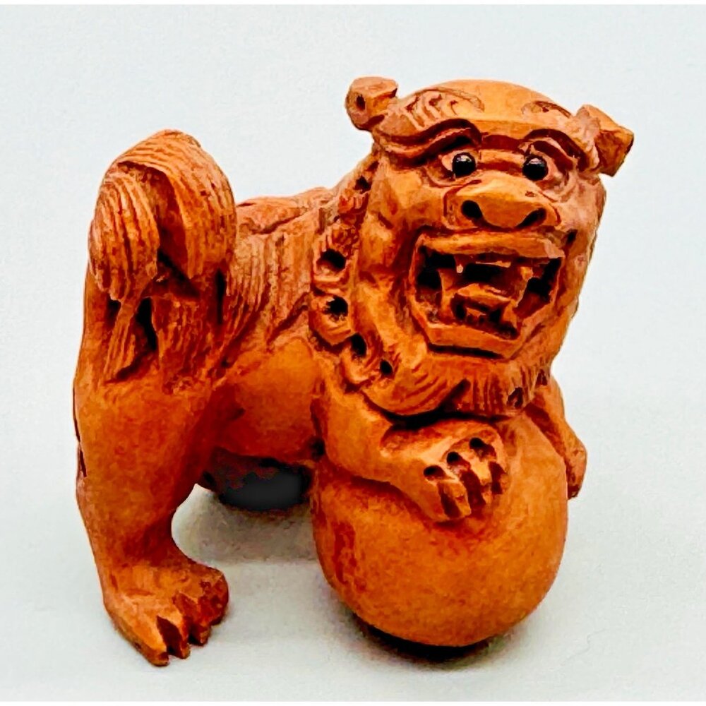 Netsuke Hand Carved Boxwood Foo Dog Toggle Luck Charm‎ 2" Japanese Inro Ojime 2